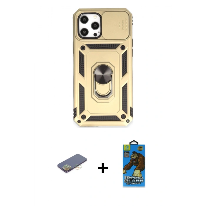 MARSİLYAN™- iPhone 12 Pro Max Kılıf Ahenk Klasik - Siyah 18D Cam Ekran Koruyucu + Renkli Kamera Lens Koruma Cam - SI