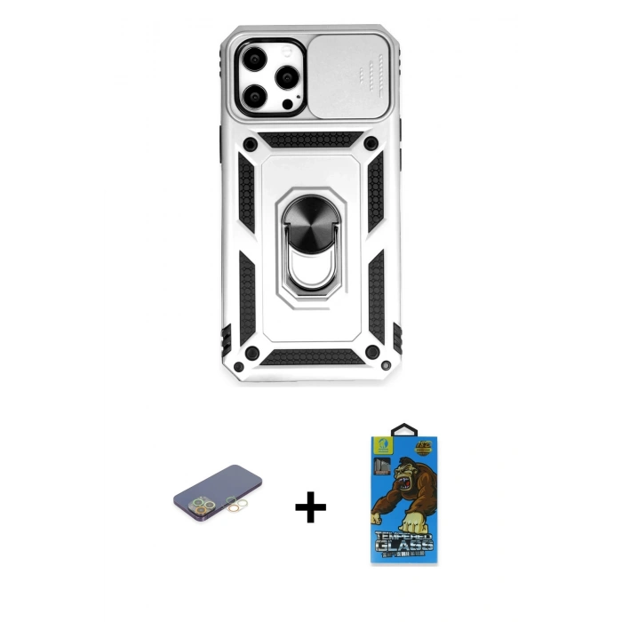 MARSİLYAN™- iPhone 12 Pro Max Kılıf Ahenk Klasik - Siyah 18D Cam Ekran Koruyucu + Renkli Kamera Lens Koruma Cam - SI