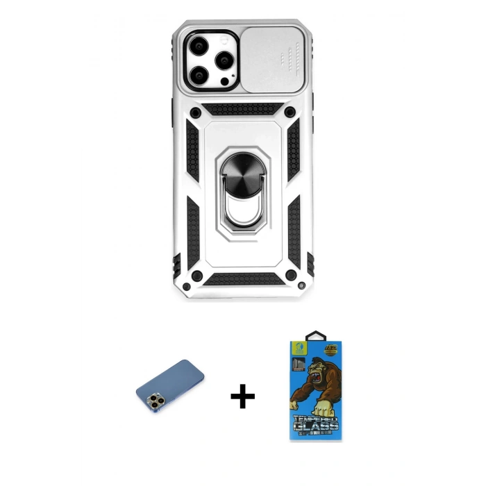 MARSİLYAN™- iPhone 12 Pro Max Kılıf Ahenk Klasik - Siyah 18D Cam Ekran Koruyucu + Shine Kamera Lens Koruma Cam - GD
