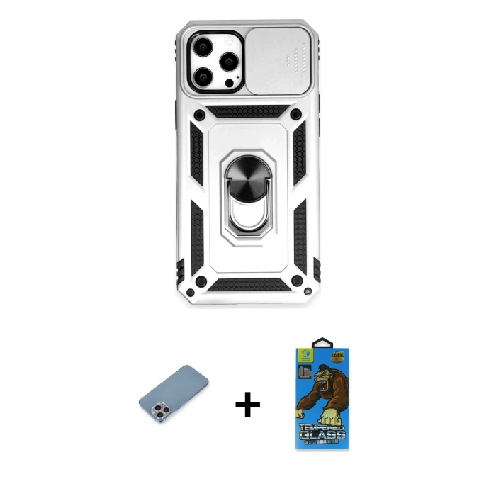 MARSİLYAN™- iPhone 12 Pro Max Kılıf Ahenk Klasik - Siyah 18D Cam Ekran Koruyucu + Shine Kamera Lens Koruma Cam - GI
