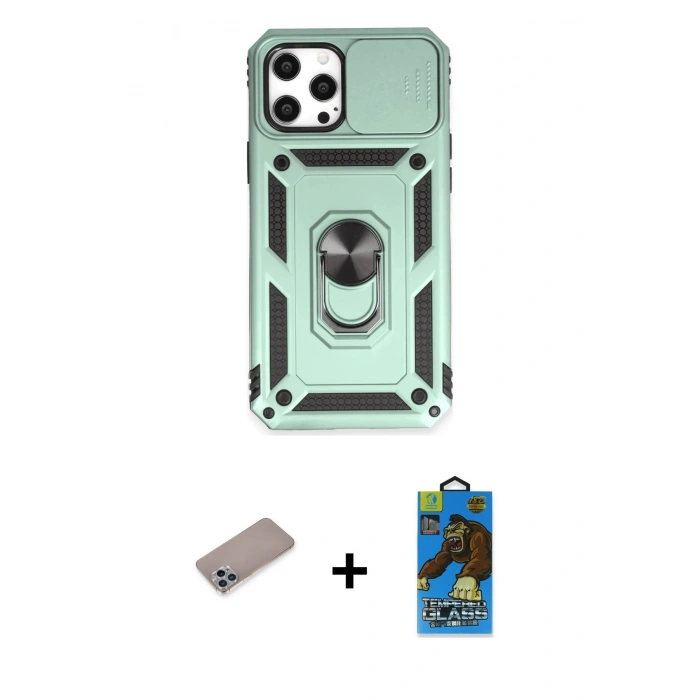 MARSİLYAN™- iPhone 12 Pro Max Kılıf Ahenk Klasik - Siyah 18D Cam Ekran Koruyucu + Sierra Blue Shine Kamera Lens Koruma Cam