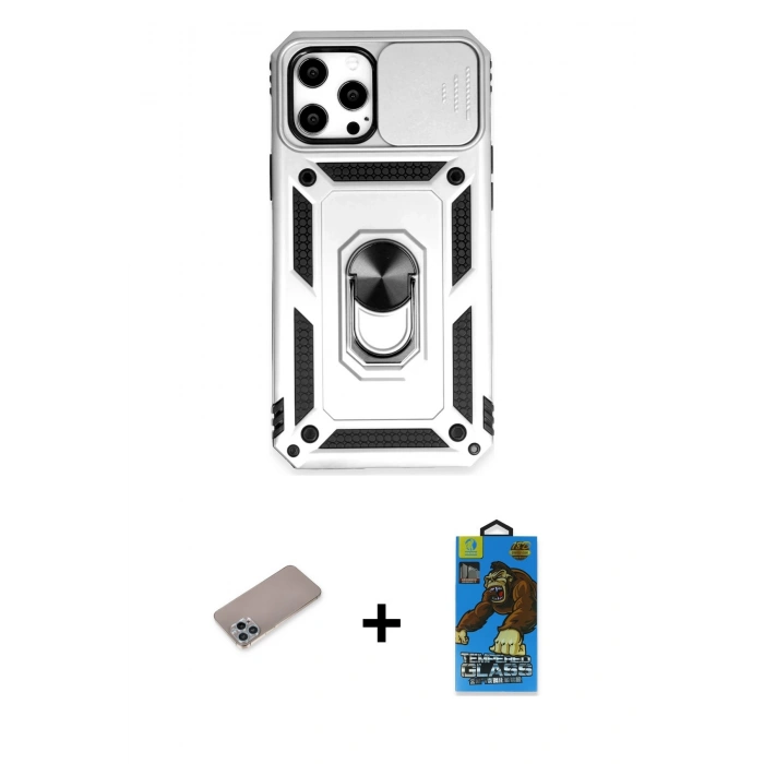 MARSİLYAN™- iPhone 12 Pro Max Kılıf Ahenk Klasik - Siyah 18D Cam Ekran Koruyucu + Sierra Blue Shine Kamera Lens Koruma Cam