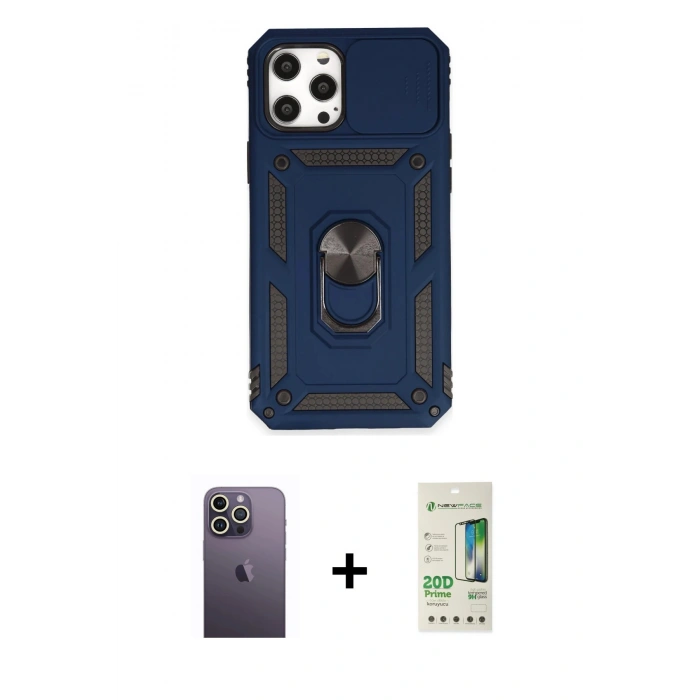 MARSİLYAN™- iPhone 12 Pro Max Kılıf Ahenk Klasik - Siyah 20D Premium Cam Ekran Koruyucu + Neon Fosforlu Kamera Lens - BZ