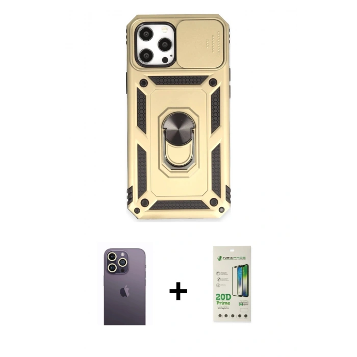 MARSİLYAN™- iPhone 12 Pro Max Kılıf Ahenk Klasik - Siyah 20D Premium Cam Ekran Koruyucu + Neon Fosforlu Kamera Lens - BZ
