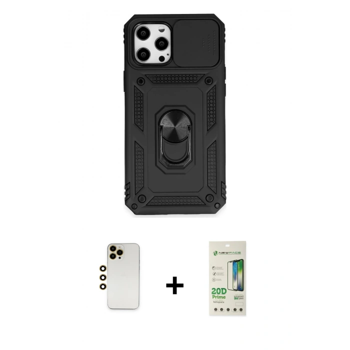 MARSİLYAN™- iPhone 12 Pro Max Kılıf Ahenk Klasik - Siyah 20D Premium Cam Ekran Koruyucu + Shine Kamera Lens - GD
