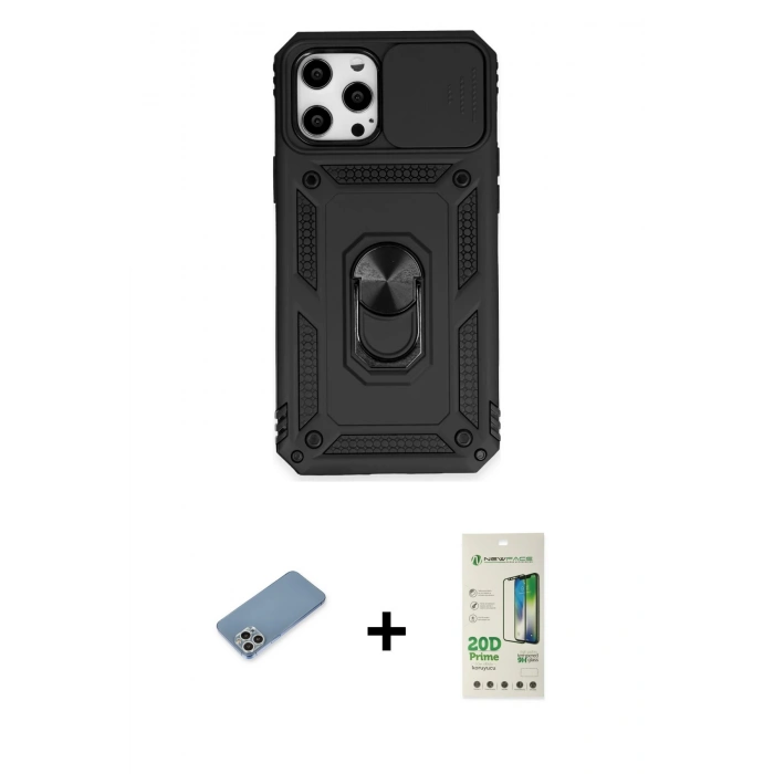 MARSİLYAN™- iPhone 12 Pro Max Kılıf Ahenk Klasik - Siyah 20D Premium Cam Ekran Koruyucu + Shine Kamera Lens Koruma Cam - GS