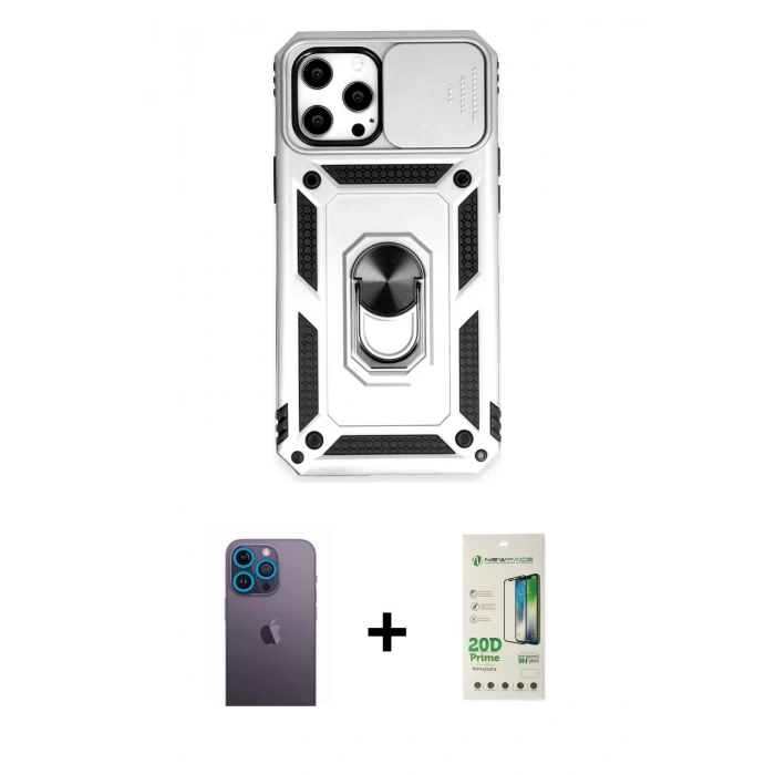 MARSİLYAN™- iPhone 12 Pro Max Kılıf Ahenk Klasik - Siyah 20D Premium Cam Ekran Koruyucu + Neon Fosforlu Kamera Lens - MI