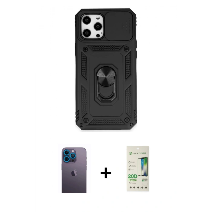 MARSİLYAN™- iPhone 12 Pro Max Kılıf Ahenk Klasik - Siyah 20D Premium Cam Ekran Koruyucu + Neon Fosforlu Kamera Lens - MI