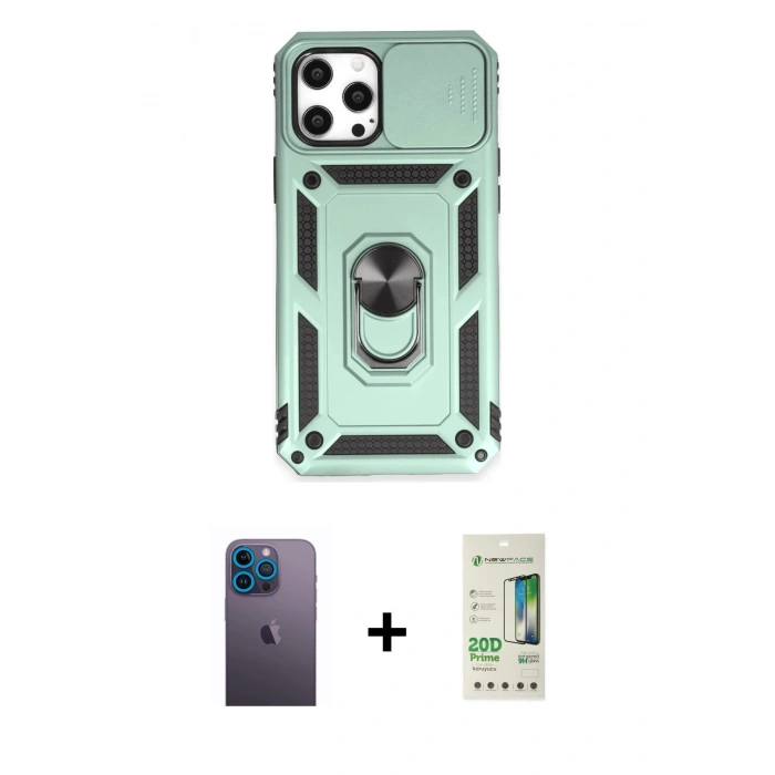 MARSİLYAN™- iPhone 12 Pro Max Kılıf Ahenk Klasik - Siyah 20D Premium Cam Ekran Koruyucu + Neon Fosforlu Kamera Lens - MI