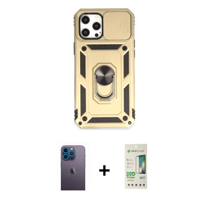MARSİLYAN™- iPhone 12 Pro Max Kılıf Ahenk Klasik - Siyah 20D Premium Cam Ekran Koruyucu + Neon Fosforlu Kamera Lens - MI