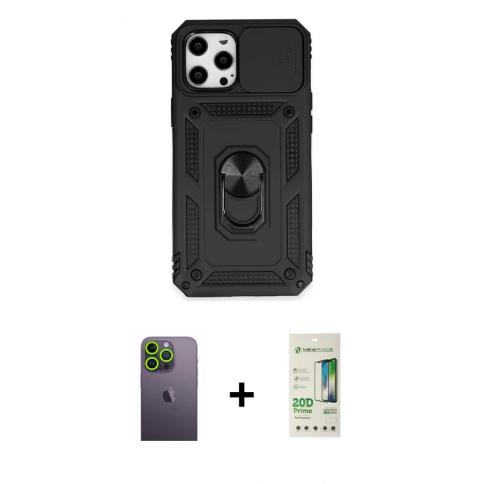 MARSİLYAN™- iPhone 12 Pro Max Kılıf Ahenk Klasik - Siyah 20D Premium Cam Ekran Koruyucu + Neon Fosforlu Kamera Lens - YL