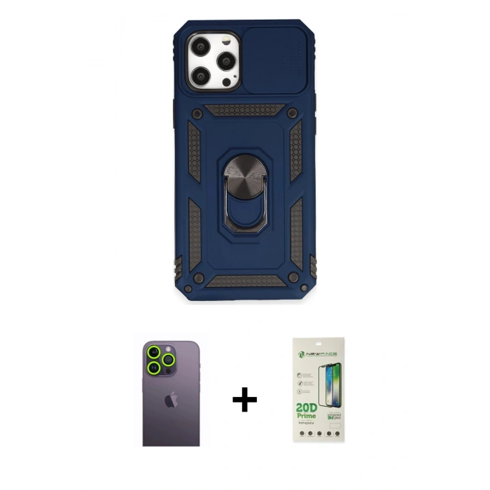 MARSİLYAN™- iPhone 12 Pro Max Kılıf Ahenk Klasik - Siyah 20D Premium Cam Ekran Koruyucu + Neon Fosforlu Kamera Lens - YL