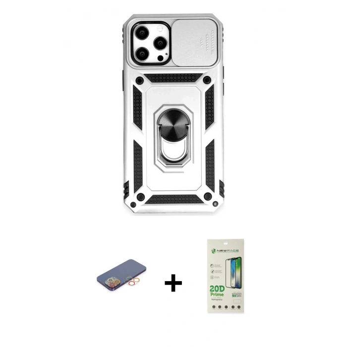 MARSİLYAN™- iPhone 12 Pro Max Kılıf Ahenk Klasik - Siyah 20D Premium Cam Ekran Koruyucu + Renkli Kamera Lens Koruma Cam - TU