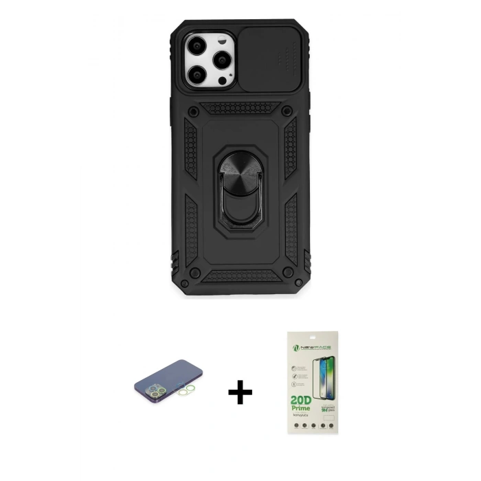 MARSİLYAN™- iPhone 12 Pro Max Kılıf Ahenk Klasik - Siyah 20D Premium Cam Ekran Koruyucu + Renkli Kamera Lens Koruma Cam - YL