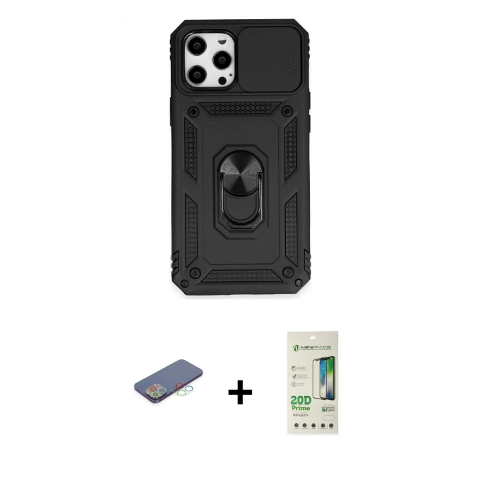 MARSİLYAN™- iPhone 12 Pro Max Kılıf Ahenk Klasik - Siyah 20D Premium Cam Ekran Koruyucu + Renkli Kamera Lens Koruma Cam - MI