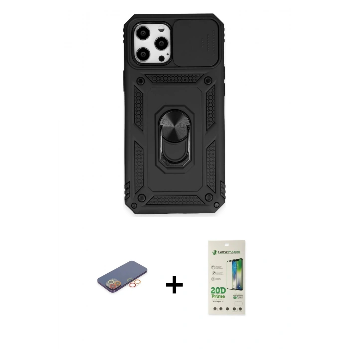 MARSİLYAN™- iPhone 12 Pro Max Kılıf Ahenk Klasik - Siyah 20D Premium Cam Ekran Koruyucu + Renkli Kamera Lens Koruma Cam - TU