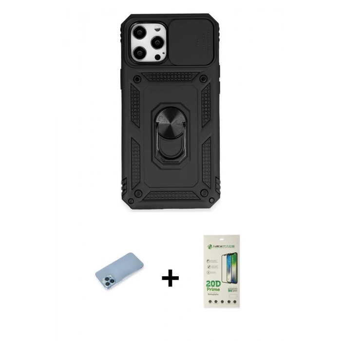MARSİLYAN™- iPhone 12 Pro Max Kılıf Ahenk Klasik - Siyah 20D Premium Cam Ekran Koruyucu + Shine Kamera Lens Koruma Cam - MI