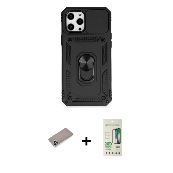 MARSİLYAN™- iPhone 12 Pro Max Kılıf Ahenk Klasik - Siyah 20D Premium Cam Ekran Koruyucu + Sierra Blue Shine Kamera Lens Koruma Cam