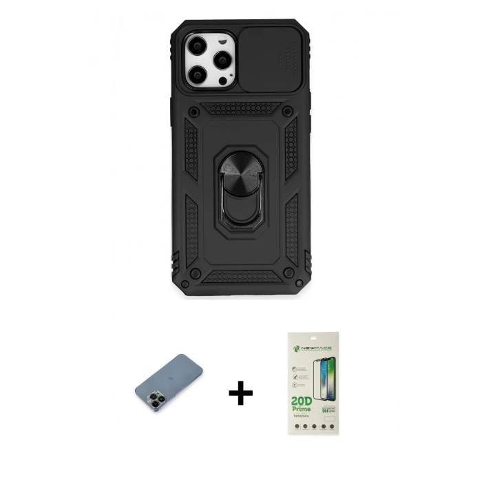 MARSİLYAN™- iPhone 12 Pro Max Kılıf Ahenk Klasik - Siyah 20D Premium Cam Ekran Koruyucu + Shine Kamera Lens Koruma Cam - SH