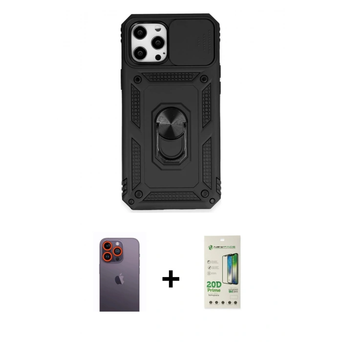 MARSİLYAN™- iPhone 12 Pro Max Kılıf Ahenk Klasik - Siyah 20D Premium Cam Ekran Koruyucu + Neon Fosforlu Kamera Lens - TU