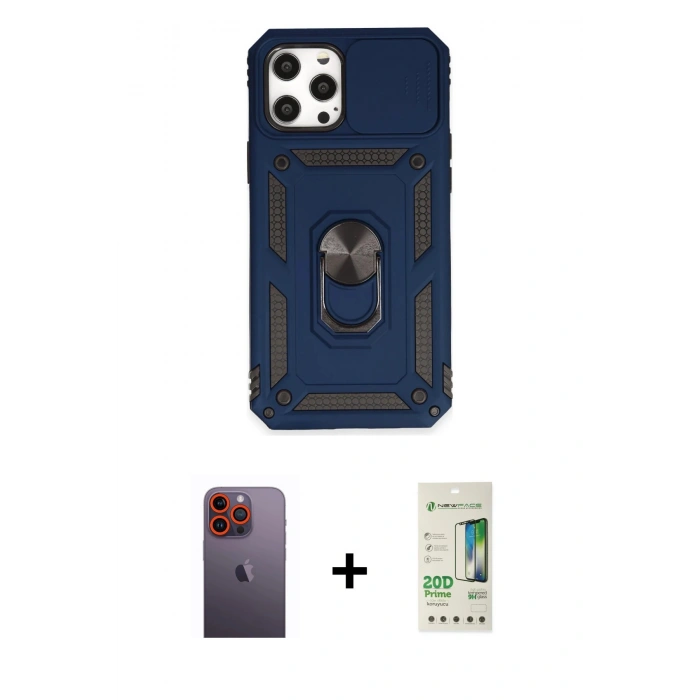 MARSİLYAN™- iPhone 12 Pro Max Kılıf Ahenk Klasik - Siyah 20D Premium Cam Ekran Koruyucu + Neon Fosforlu Kamera Lens - TU