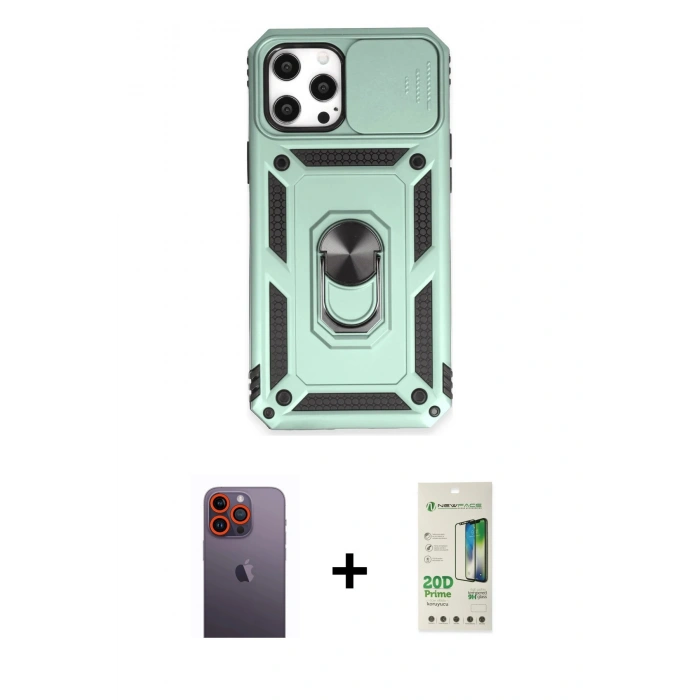 MARSİLYAN™- iPhone 12 Pro Max Kılıf Ahenk Klasik - Siyah 20D Premium Cam Ekran Koruyucu + Neon Fosforlu Kamera Lens - TU