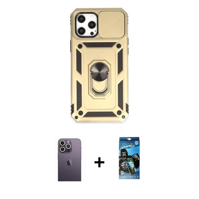 MARSİLYAN™- iPhone 12 Pro Max Kılıf Ahenk Klasik - Siyah 34D Izgaralı Cam + Neon Fosforlu Kamera Lens - BZ