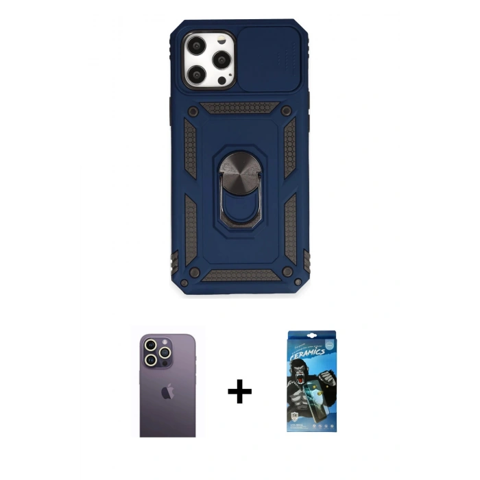 MARSİLYAN™- iPhone 12 Pro Max Kılıf Ahenk Klasik - Siyah 34D Izgaralı Cam + Neon Fosforlu Kamera Lens - BZ