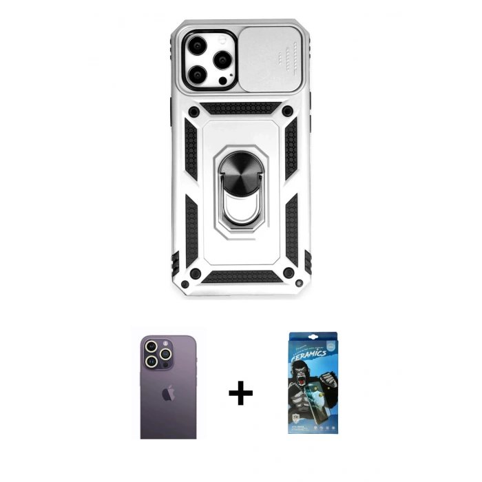 MARSİLYAN™- iPhone 12 Pro Max Kılıf Ahenk Klasik - Siyah 34D Izgaralı Cam + Neon Fosforlu Kamera Lens - BZ