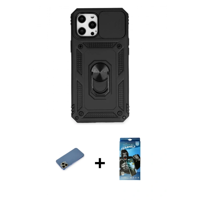 MARSİLYAN™- iPhone 12 Pro Max Kılıf Ahenk Klasik - Siyah 34D Izgaralı Cam + Shine Kamera Lens Koruma Cam - GD