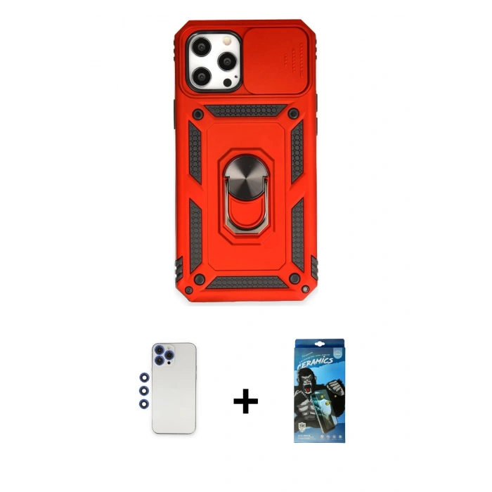 MARSİLYAN™- iPhone 12 Pro Max Kılıf Ahenk Klasik - Siyah 34D Izgaralı Cam + Shine Kamera Lens - LT