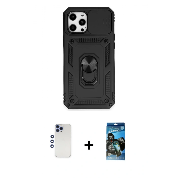 MARSİLYAN™- iPhone 12 Pro Max Kılıf Ahenk Klasik - Siyah 34D Izgaralı Cam + Shine Kamera Lens - LT