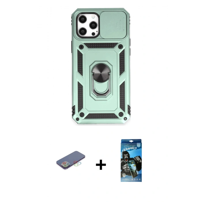 MARSİLYAN™- iPhone 12 Pro Max Kılıf Ahenk Klasik - Siyah 34D Izgaralı Cam + Renkli Kamera Lens Koruma Cam - MI