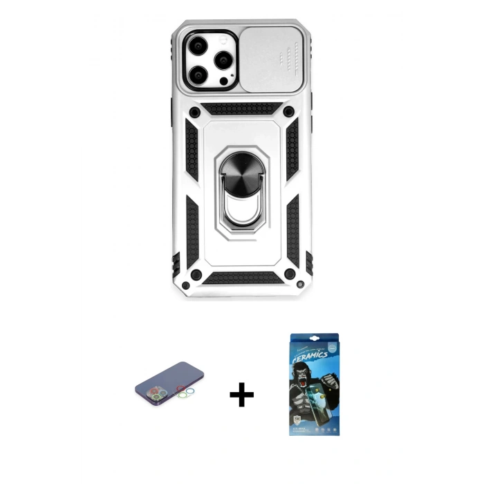 MARSİLYAN™- iPhone 12 Pro Max Kılıf Ahenk Klasik - Siyah 34D Izgaralı Cam + Renkli Kamera Lens Koruma Cam - MI