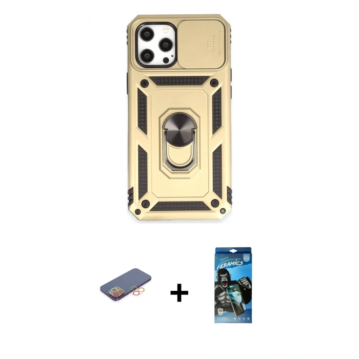 MARSİLYAN™- iPhone 12 Pro Max Kılıf Ahenk Klasik - Siyah 34D Izgaralı Cam + Renkli Kamera Lens Koruma Cam - TU