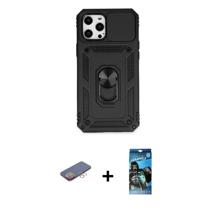 MARSİLYAN™- iPhone 12 Pro Max Kılıf Ahenk Klasik - Siyah 34D Izgaralı Cam + Renkli Kamera Lens Koruma Cam - TU