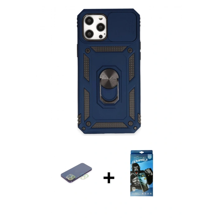 MARSİLYAN™- iPhone 12 Pro Max Kılıf Ahenk Klasik - Siyah 34D Izgaralı Cam + Renkli Kamera Lens Koruma Cam - YL