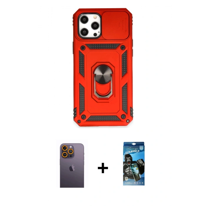 MARSİLYAN™- iPhone 12 Pro Max Kılıf Ahenk Klasik - Siyah 34D Izgaralı Cam + Sarı Neon Fosforlu Kamera Lens