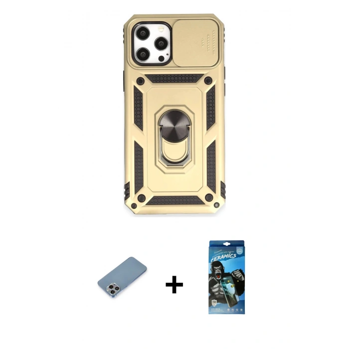 MARSİLYAN™- iPhone 12 Pro Max Kılıf Ahenk Klasik - Siyah 34D Izgaralı Cam + Shine Kamera Lens Koruma Cam - GI