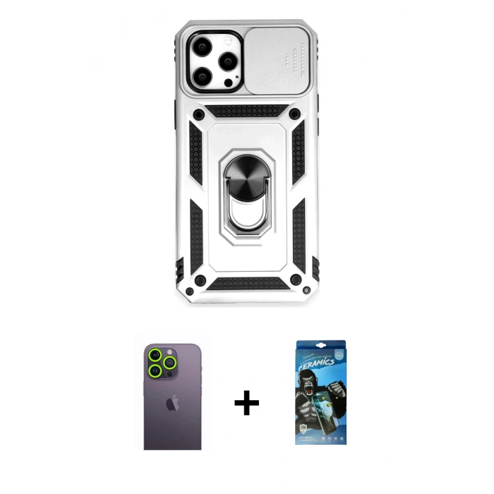 MARSİLYAN™- iPhone 12 Pro Max Kılıf Ahenk Klasik - Siyah 34D Izgaralı Cam + Neon Fosforlu Kamera Lens - YL
