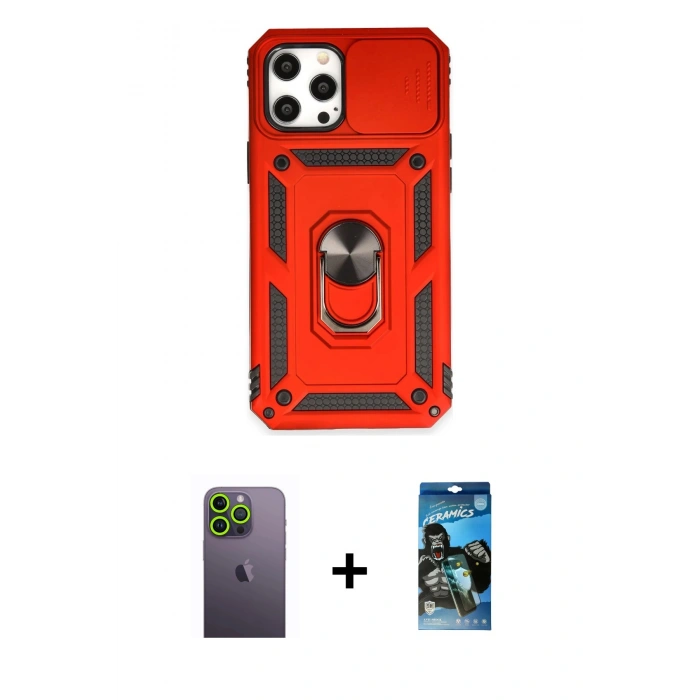 MARSİLYAN™- iPhone 12 Pro Max Kılıf Ahenk Klasik - Siyah 34D Izgaralı Cam + Neon Fosforlu Kamera Lens - YL