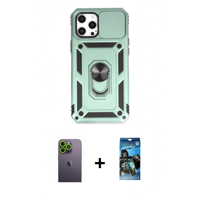 MARSİLYAN™- iPhone 12 Pro Max Kılıf Ahenk Klasik - Siyah 34D Izgaralı Cam + Neon Fosforlu Kamera Lens - YL