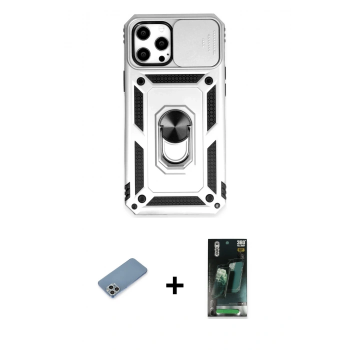 MARSİLYAN™- iPhone 12 Pro Max Kılıf Ahenk Klasik - Siyah 360 Mat Full Body Arka Koruyucu + Gümüş Shine Kamera Lens Koruma Cam