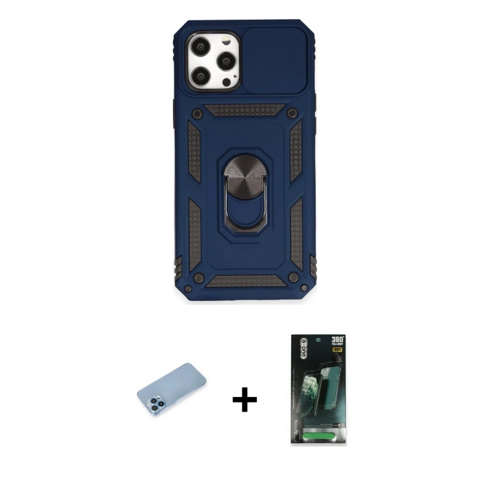 MARSİLYAN™- iPhone 12 Pro Max Kılıf Ahenk Klasik - Siyah 360 Mat Full Body Arka Koruyucu + Mavi Shine Kamera Lens Koruma Cam