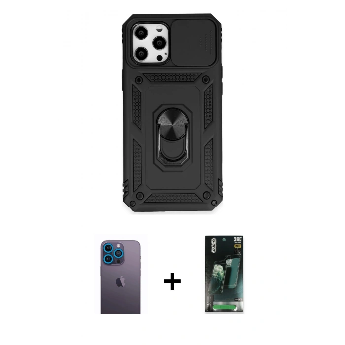 MARSİLYAN™- iPhone 12 Pro Max Kılıf Ahenk Klasik - Siyah 360 Mat Full Body Arka Koruyucu + Neon Fosforlu Kamera Lens - MI