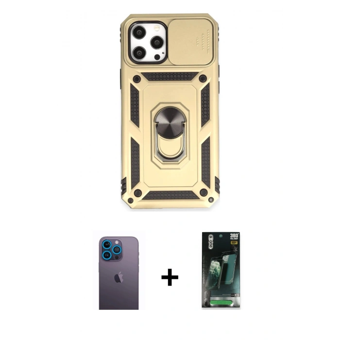 MARSİLYAN™- iPhone 12 Pro Max Kılıf Ahenk Klasik - Siyah 360 Mat Full Body Arka Koruyucu + Neon Fosforlu Kamera Lens - MI