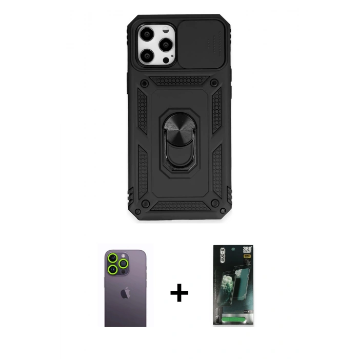 MARSİLYAN™- iPhone 12 Pro Max Kılıf Ahenk Klasik - Siyah 360 Mat Full Body Arka Koruyucu + Neon Fosforlu Kamera Lens - YL