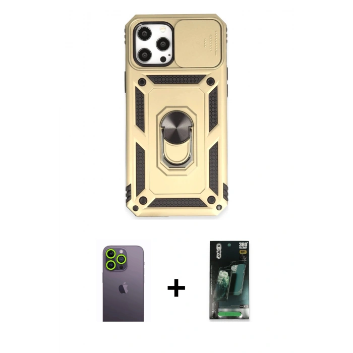 MARSİLYAN™- iPhone 12 Pro Max Kılıf Ahenk Klasik - Siyah 360 Mat Full Body Arka Koruyucu + Neon Fosforlu Kamera Lens - YL