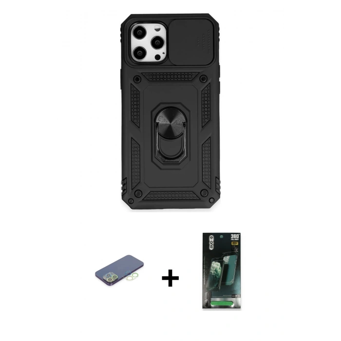 MARSİLYAN™- iPhone 12 Pro Max Kılıf Ahenk Klasik - Siyah 360 Mat Full Body Arka Koruyucu + Renkli Kamera Lens Koruma Cam - YL