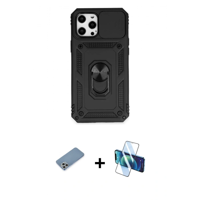 MARSİLYAN™- iPhone 12 Pro Max Kılıf Ahenk Klasik - Siyah 3D Antistatik Cam Ekran Koruyucu + Shine Kamera Lens Koruma Cam - GS
